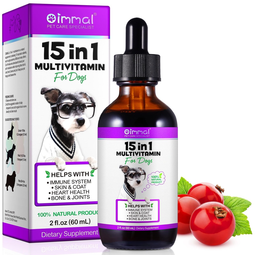 15 σε 1 Σκύλος πολυβιταμίνη, All-in-One Multi Liquid Multivitamin for Dogs, Dog Vitamins και συμπλήρωμα με Digestive, Ανοσία, Αλλεργία Skin & Coat Υποστήριξη, Hip & Joint, All Ages, Φυλή 2 oz
