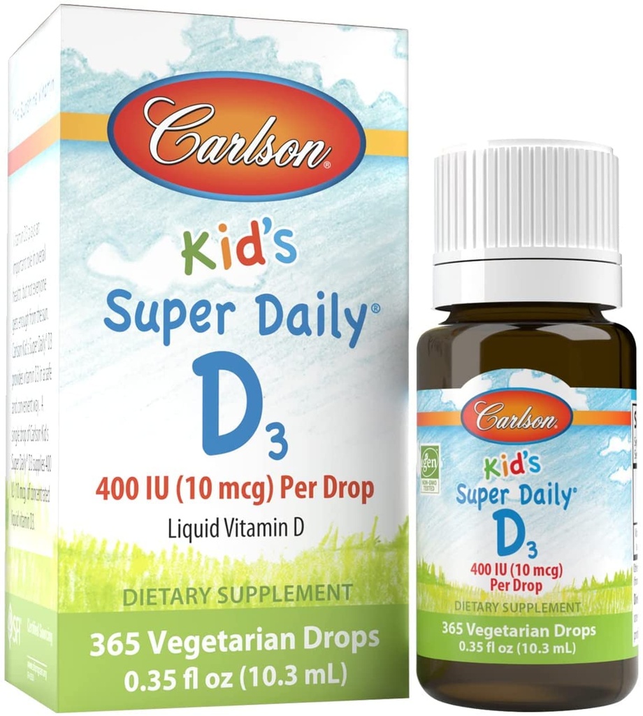Carlson - Kid's Super Daily D3, Βιταμίνη D Σταγόνες για Παιδιά, 400 IU ανά σταγόνα, 1-Ετος Προμήθεια, Καρδιά & Ανοσολογική Υγεία, Χορτοφαγική, Υγρή Βιταμίνη D Σταγόνες, Άγευστη, 365 σταγόνες