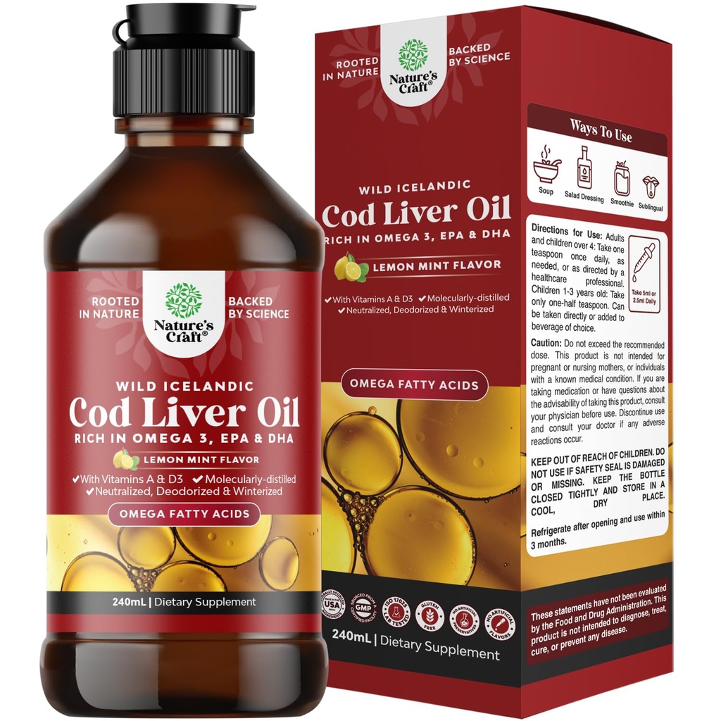 Ισλανδική Wild Caught Cod Liquid Oil Liquid - Fish Oil Drops with Omega 3, EPA, DHA, Βιταμίνη D & A - Liquid Cod Liver Supplement for Heart, Joint, Brain & Immune Support - 240 ml (8 Ουγγιά)
