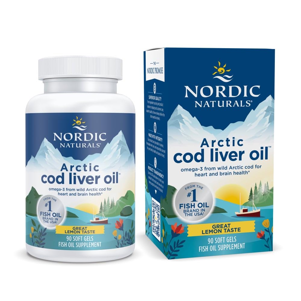 Nordic Naturals Arctic Cod Liver Oil, Lemon - 90 Soft Gels - 750 mg Σύνολο Omega-3s με EPA & DHA - Heart & Brain Health, Healthy Immunity, Συνολική ευεξία - Μη-GMO - 30 Υπηρεσίες
