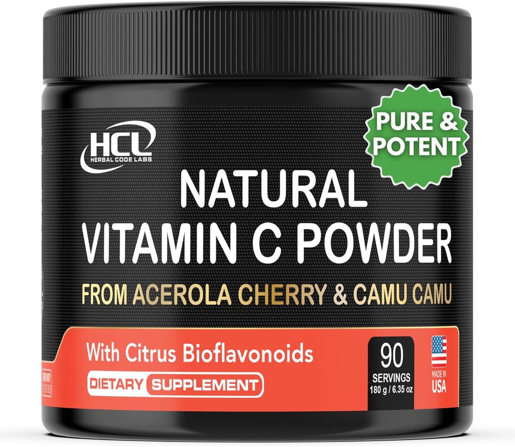 Φυσική βιταμίνη C από Acerola Cherry & Camu Camu Powder - Υψηλή απορρόφηση με Citrus Bioflavonoids - ανοσοποιητικό σύστημα & Collagen Booster - Αντιγηραντικές βιταμίνες δέρματος Κατασκευασμένες στις ΗΠΑ 90 μερίδες