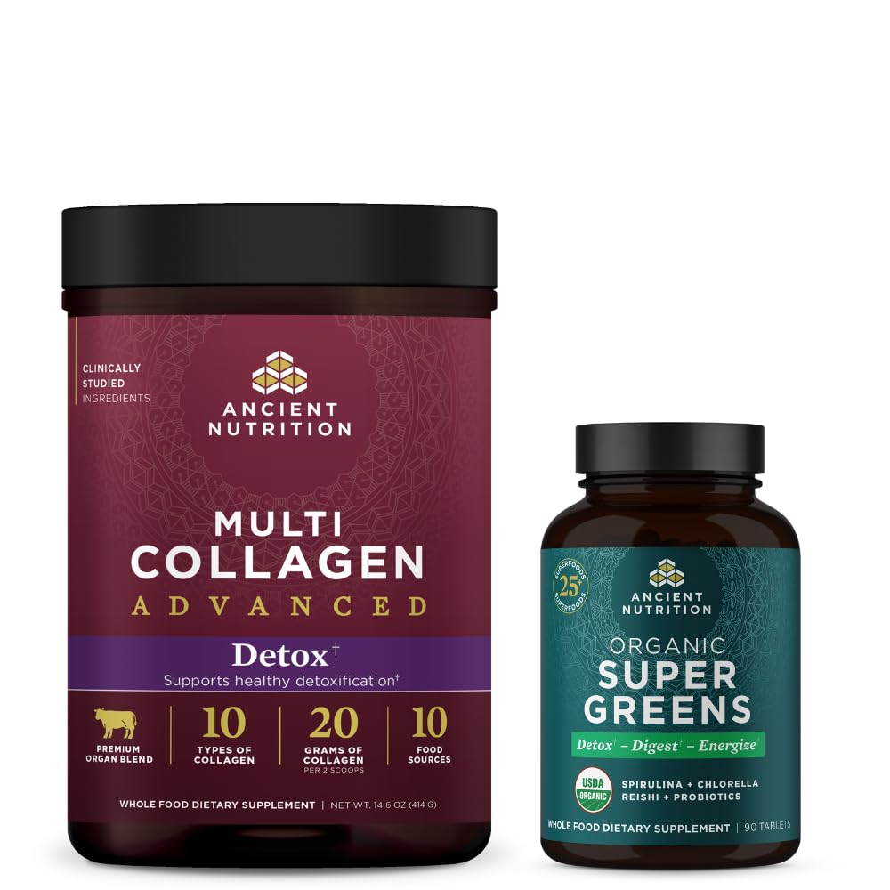 Ancient Nutrition Multi Collagen Advanced Powder Cleanse & Detox, Unflavored, 36 Μερίδες + Βιολογικό Super Greens Tablet 90 Count
