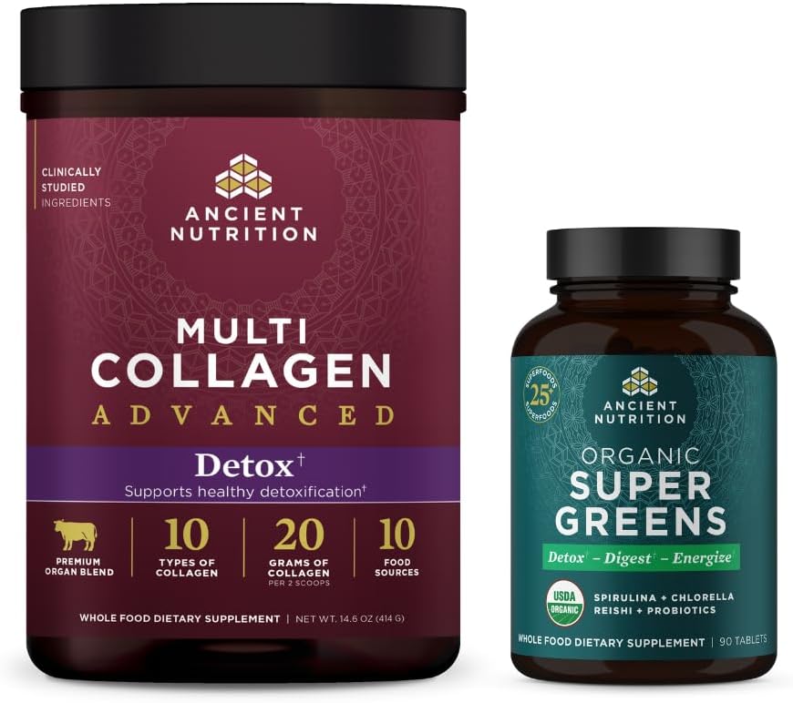 Ancient Nutrition Multi Collagen Advanced Powder Cleanse & Detox, Unflavored, 36 Μερίδες + Βιολογικό Super Greens Tablet 90 Count