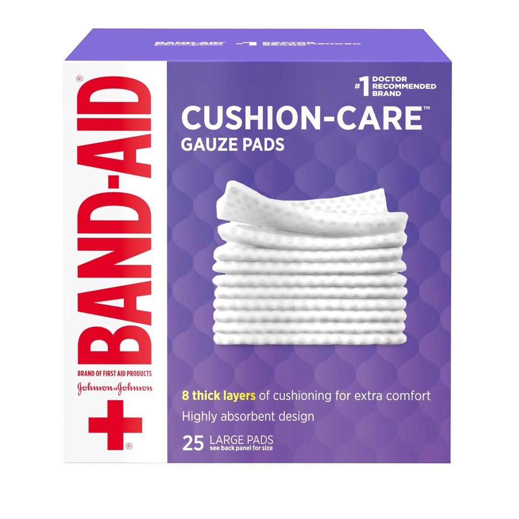 Band-Aid Absorbent Cushion Care Sterile Square Gauze Pads for First Aid Protection of Minor Cuts, Scrapes & Burns, Non-Adhesive, Wound Care Dressing Pads, Large, 4 in x 4 in, 25 ct
