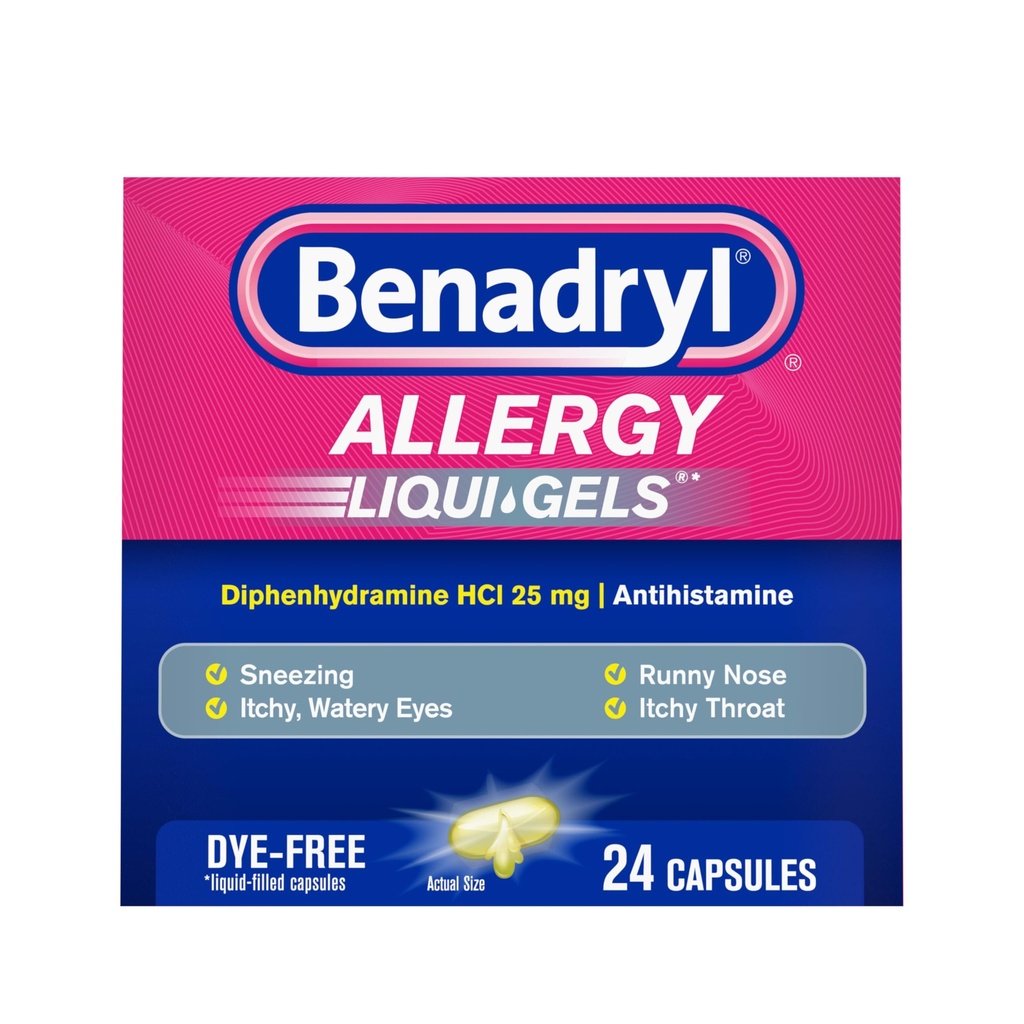 Benadryl Liqui-Gels Αλλεργία Ιατρική, Dye-free Liquid Gel Κάψουλες με 25 mg Diphenhydramine HCl Αντιισταμινικό για την ανακούφιση της αλλεργίας και των ψυχρών συμπτωμάτων όπως Runny μύτη & Φτάρνισμα, 24 ct