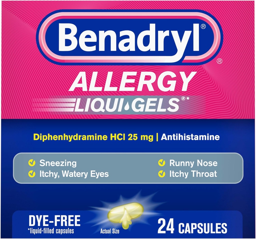 Benadryl Liqui-Gels Αλλεργία Ιατρική, Dye-free Liquid Gel Κάψουλες με 25 mg Diphenhydramine HCl Αντιισταμινικό για την ανακούφιση της αλλεργίας και των ψυχρών συμπτωμάτων όπως Runny μύτη & Φτάρνισμα, 24 ct