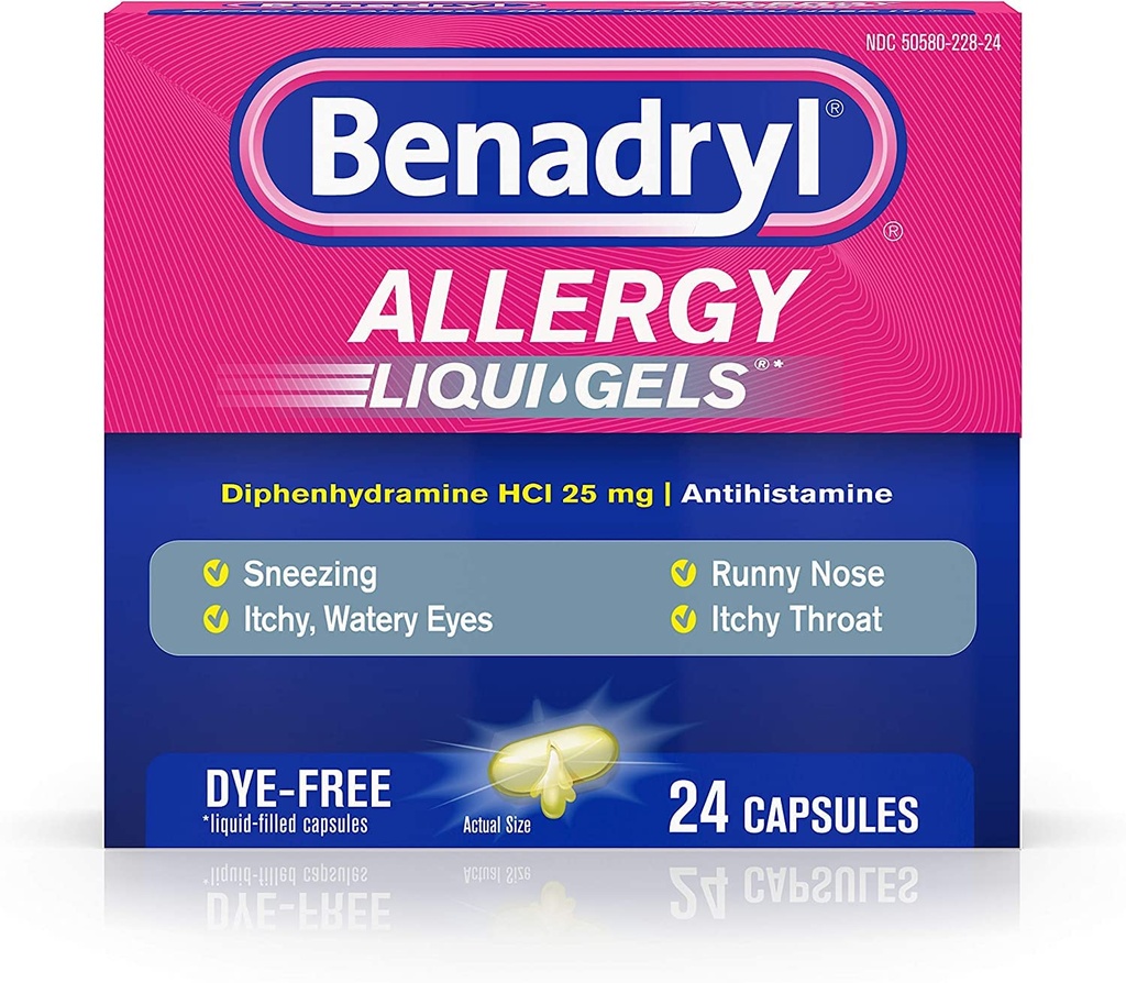 Benadryl Liqui-Gels Αλλεργία Ιατρική, Dye-free Liquid Gel Κάψουλες με 25 mg Diphenhydramine HCl Αντιισταμινικό για την ανακούφιση της αλλεργίας και των ψυχρών συμπτωμάτων όπως Runny μύτη & Φτάρνισμα, 24 ct