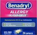 Benadryl Liqui-Gels Αλλεργία Ιατρική, Dye-free Liquid Gel Κάψουλες με 25 mg Diphenhydramine HCl Αντιισταμινικό για την ανακούφιση της αλλεργίας και των ψυχρών συμπτωμάτων όπως Runny μύτη & Φτάρνισμα, 24 ct