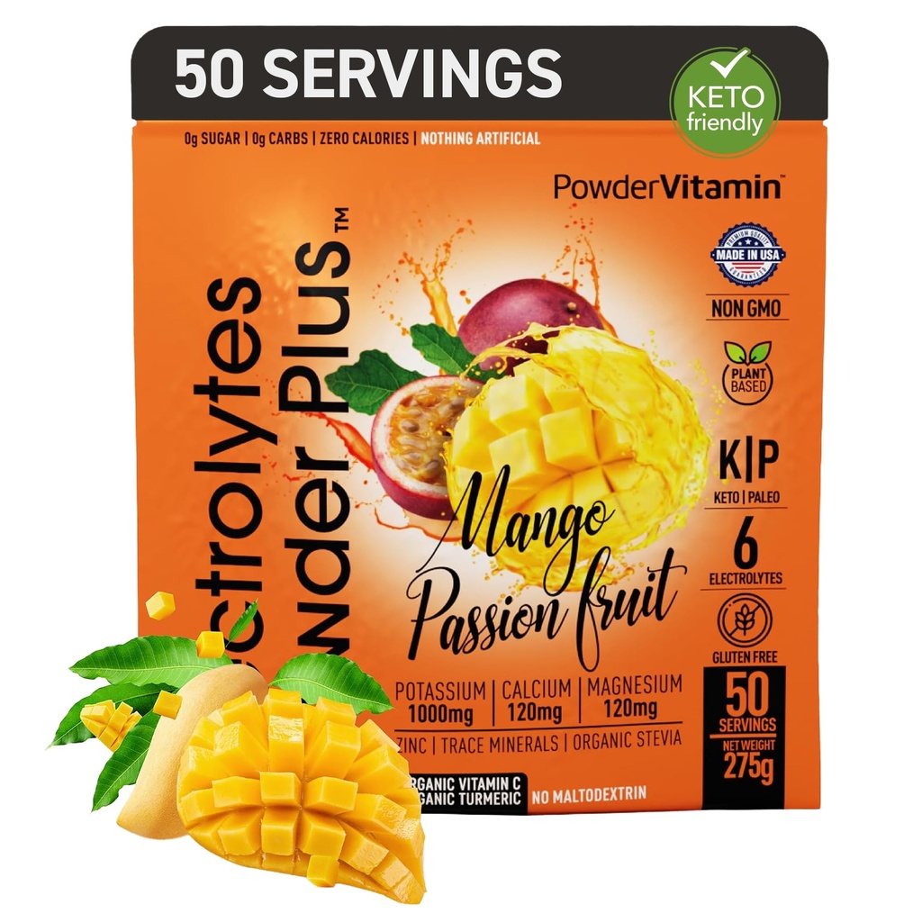 Σκόνη Vitamin Ηλεκτρολύτες σκόνη Plus (50 εξυπηρετούν) Mango Passionfruit Ηλεκτρολύτη σκόνη Zero Calorie Keto, 0 Ζάχαρη, Όχι Μαλτοδεξτρίνη, 1000mg κάλιο, 120mg ασβέστιο, 120mg μαγνήσιο, σκόνη ενυδάτωσης