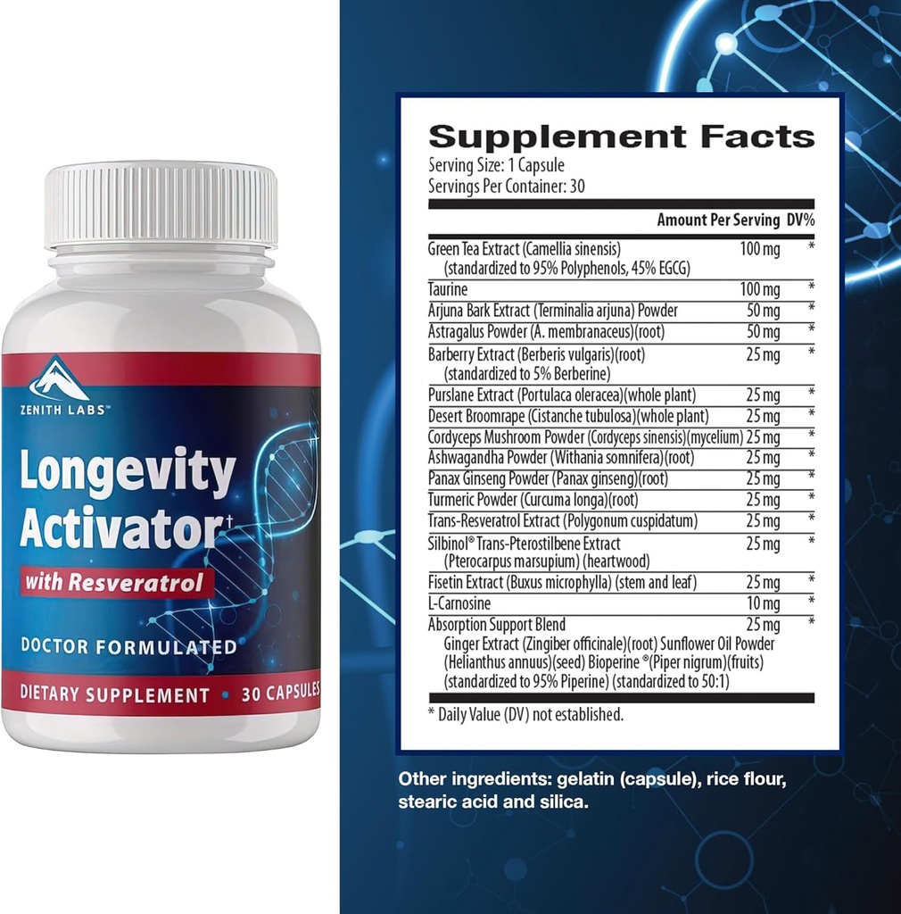 Zenith Labs Longevity Activator Αντιγηραντικό συμπλήρωμα διατροφής συμπλήρωμα, φυσικά αντιοξειδωτικά με ρεσβερατρόλη - Υποστηρίζει την ανοσοποιητική λειτουργία και υγιή μνήμη, 3 Πακέτο
