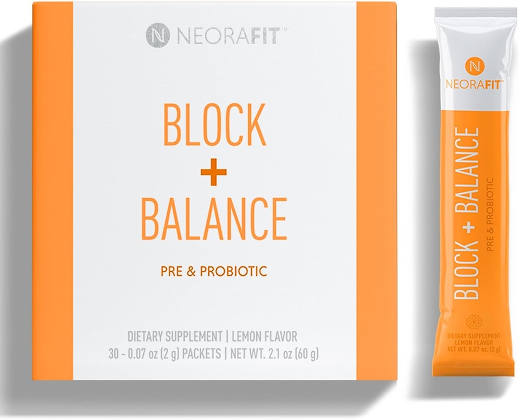 NeoraFit - Block+Balance Pre and Probiotic Powder - Καθημερινή χρήση, Υποστήριξη λαχανίου, Βιταμίνη C & B Blend, Βολικό Stick Packs - 30 Count