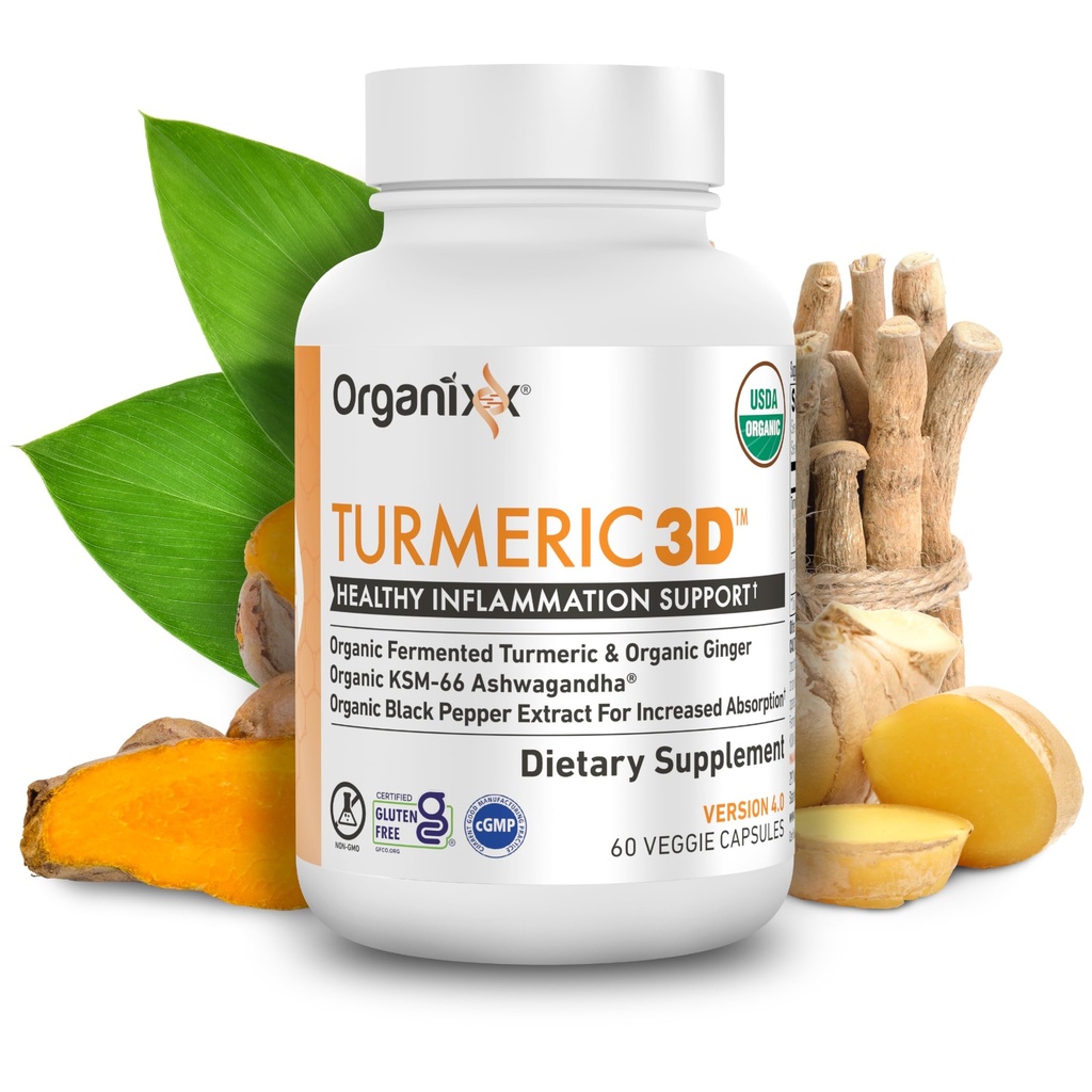 Organixx USDA Βιολογικό συμπλήρωμα κουρκουμίνης με Ashwagandha, Turmeric & Ginger – Ανοσοποιητική & Κοινή Υποστήριξη, Ζυμωμένη για μέγιστη βιοδιαθεσιμότητα, 60 κάψουλες χορτοφάγων