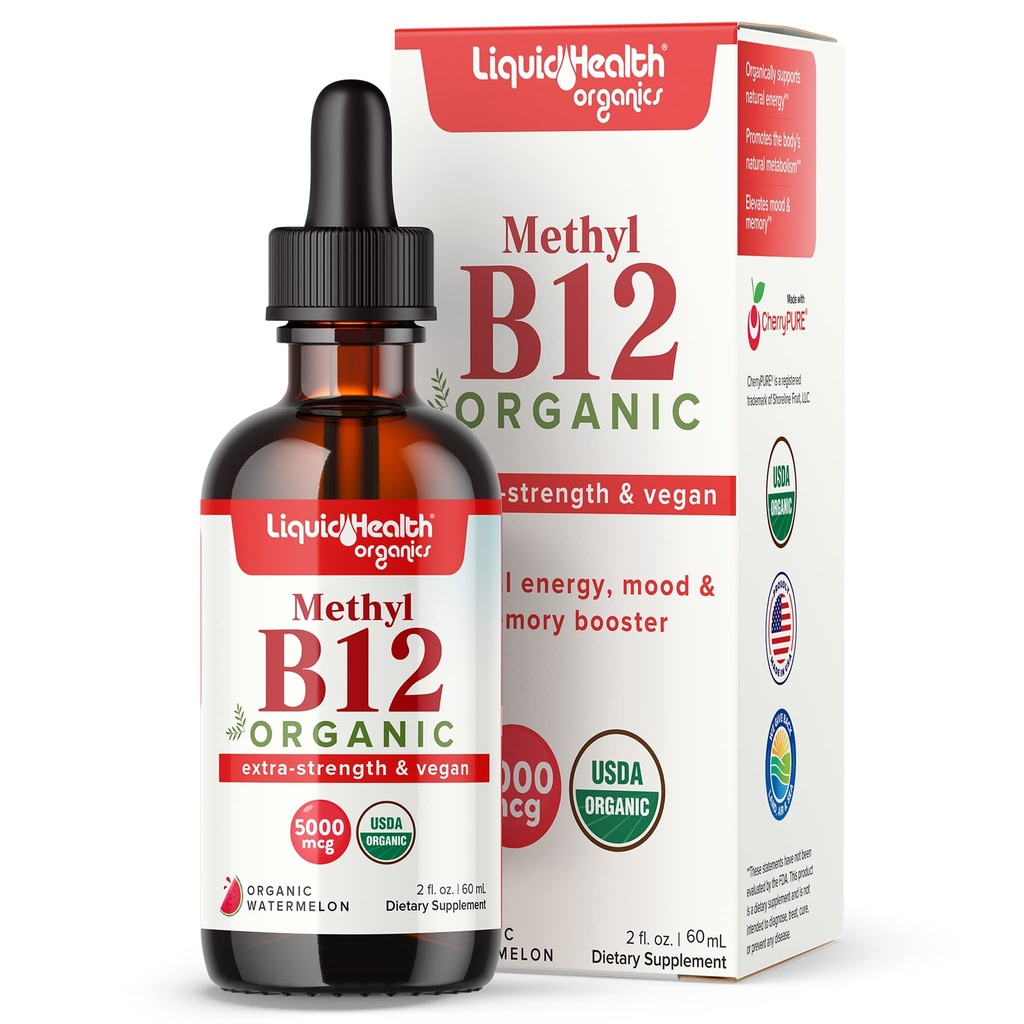 LIQUIDHEALTH USDA Organic Methyl Vitamin B12 Methylcobalamin Liquid Drops with Tart Cherry Juice - Boost Energy, Immune Support, βελτιωμένη μνήμη & συγκέντρωση - USA Made, Vegan, Non-GMO (2 oz)