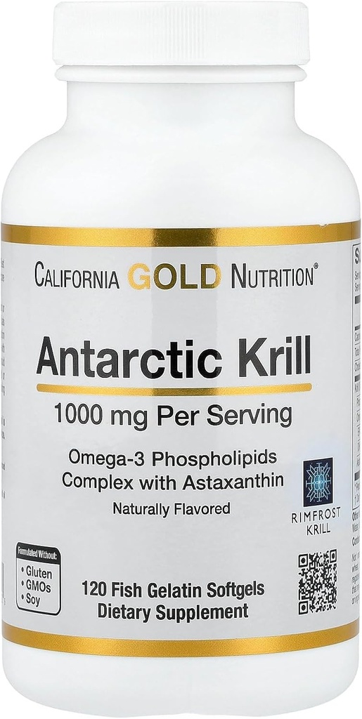 California Gold Nutrition Antarctic Krill Oil, Ωμέγα-3 Φωσφολιπίδια με φυσικά επαπειλούμενη Ασταξανθίνη, Φυσική Φράουλα & Γεύση Λεμονιών, Μη ΓΤΟ, 1.000 mg, 120 ψάρια Ζελατίνη Softgels
