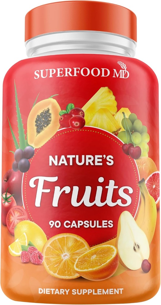 Superfood MD Fruits Supplement - 90 κάψουλες φρούτων - Υποστηρίζει ενεργειακά επίπεδα, υψηλό λυκοπένιο, βιταμίνες & ορυκτά - Χωρίς σόγια - 90 Count