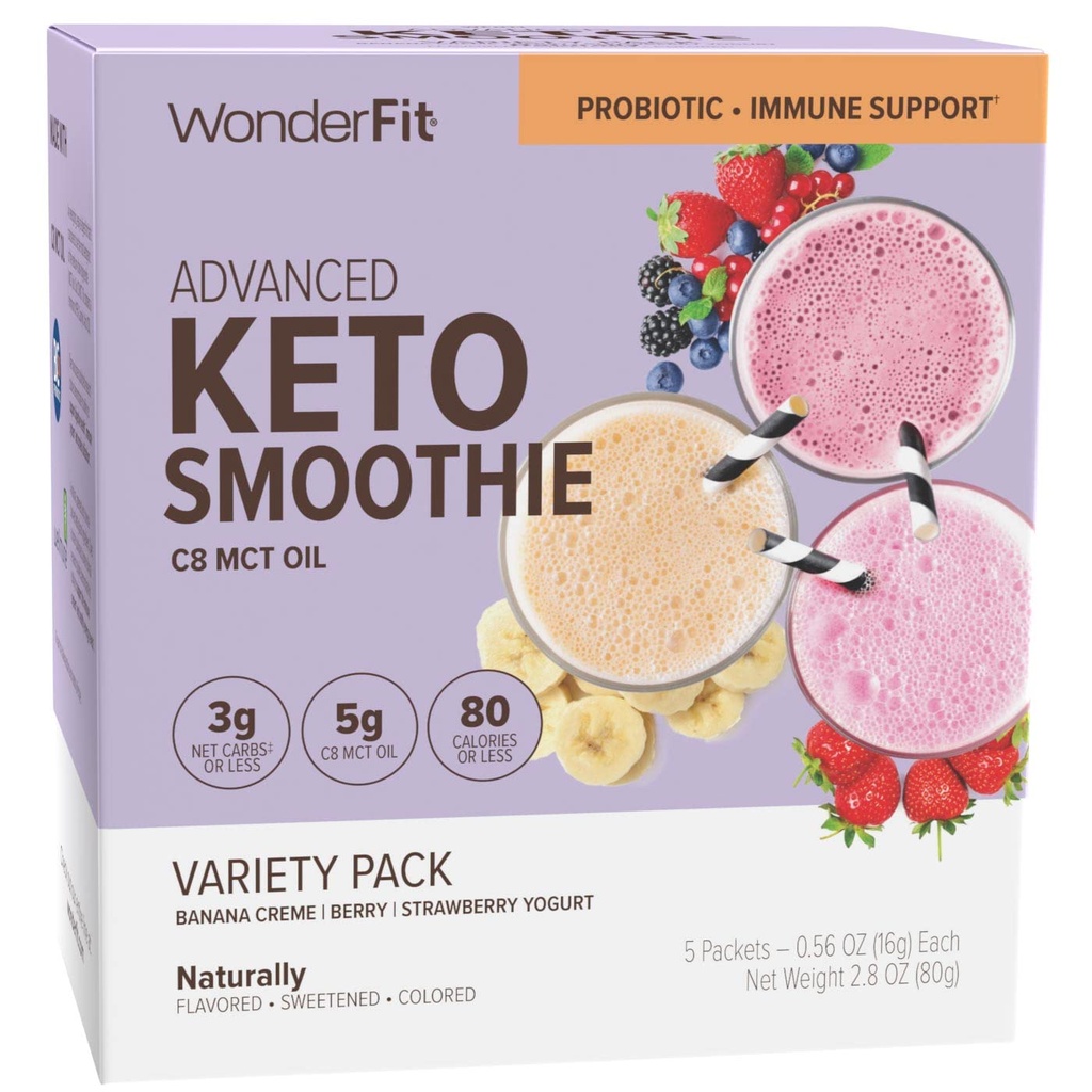 WonderFit by WonderSlim Keto Smoothie με C8 MCT Oil, Variety Pack, 1-3g Net Carbs, Gluten Free, Probiotic & Immune Support (5ct)