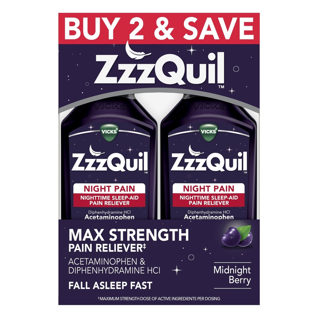 ZzzQuil Liquid, Max Δύναμη Πόνος Reliever, Νυχτερινή βοήθεια ύπνου Liquid, Acetaminophen 1000mg, Diphenhydramine 50mg HCI, Μη-Habit Forming, Midnight Berry Flavored, 2 Pack, 24 FL OZ