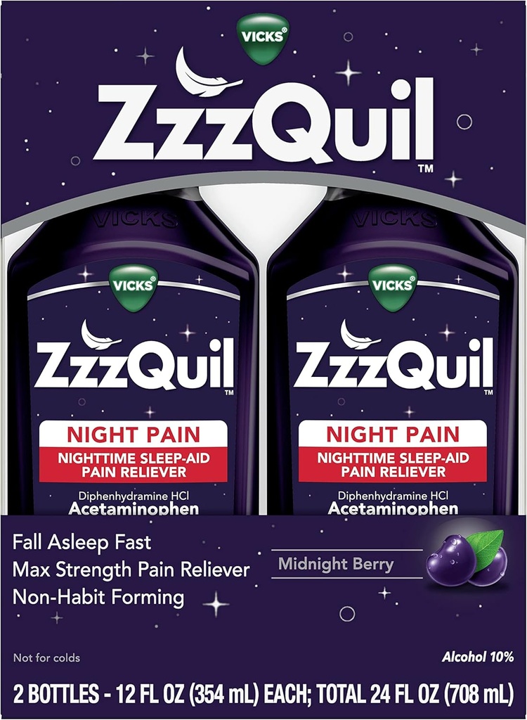 ZzzQuil Liquid, Max Δύναμη Πόνος Reliever, Νυχτερινή βοήθεια ύπνου Liquid, Acetaminophen 1000mg, Diphenhydramine 50mg HCI, Μη-Habit Forming, Midnight Berry Flavored, 2 Pack, 24 FL OZ