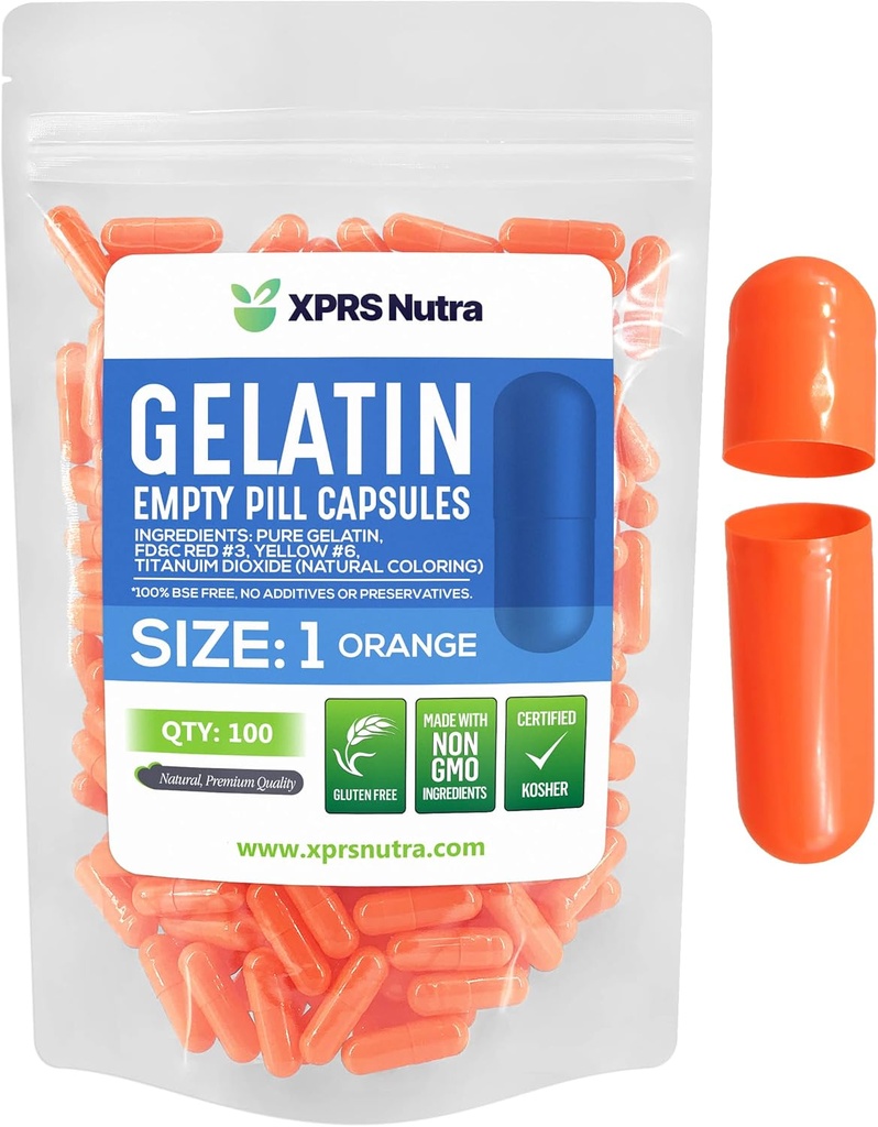 XPRS Nutra Μέγεθος 1 Κενές κάψουλες - 100 Count Empty Gelatin Κάψουλες - Χάπια DIY Καψάκιο Γέμισμα - Καθαρά Καπάκια τζελ Μπόβιν Χάπι για Συμπληρώματα Do-It-Yourself (Orange)