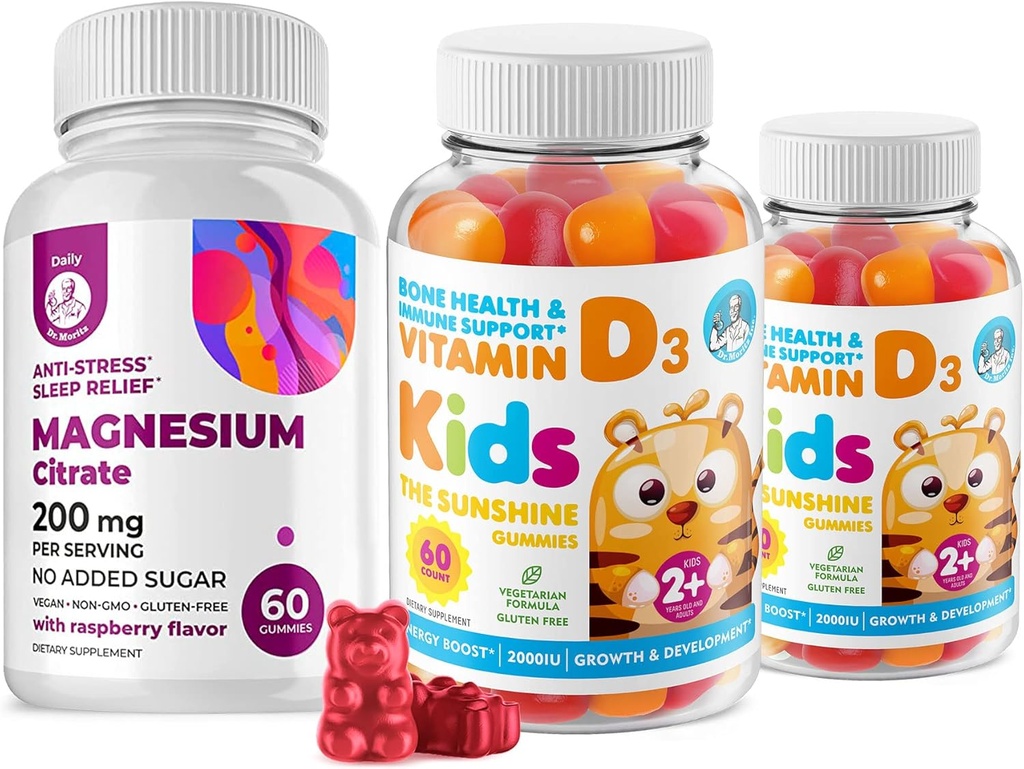 Vitamin D Gummies for Kids&Adults 2000 IU and Magnesium Gummies - Υγιεινή βιταμίνη D3 Συμπληρώματα 1000IU - Χορτοφαγική Ζελατίνη-Free Ανοσολογική Υποστήριξη με χωρίς ζάχαρη Μαγνήσιο Ήρεμες Μασούσες για Παιδιά & Ενήλικες