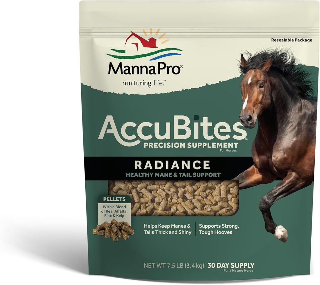 Manna Pro AccuBites Radiance Equine Supplement – Skin & Coat, Essential Vitamins & Hoof Health for Horses – Packed with Omega 3, 6, & Biotin – Main & Tail Συντήρηση – Alfalfa Γεύση – 7,5 lbs