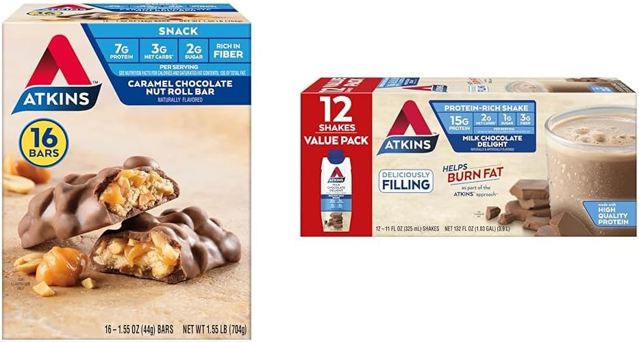 Atkins Caramel Chocolate Nut Roll Snack Bar, Protein Snack, High in Fiber, 2g Sugar, 16 Count & Milk Chocolate Delight Protein Shake, 15g πρωτεΐνη, χαμηλή γλυκαιμική