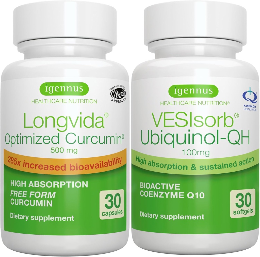 Longvida Curcumin 500mg + VESIsorb Ubiquinol-QH Advanced CoQ10 100mg Bundle, Ultra Bioδιαθέσιμη κουρκουμίνη με βιοδιαθέσιμη & ταχεία δράση Ubiquinol, από τον Igenus