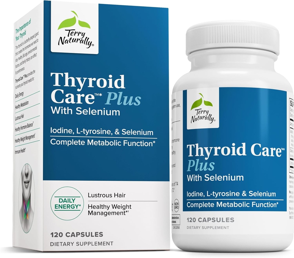 Terry Φυσικά Thyroid Care Plus - Συμπλήρωμα Βοήθειας Thyroid - Συμπλήρωμα Διατροφής για την Ενεργειακή & Υγιεινή υποστήριξη μαλλιών - Συμπλήρωμα με L-Τυροσίνη & Σελήνιο - 120 κάψουλες