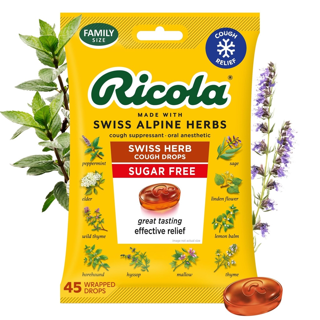 Ricola Sugar Free Swiss Herb Cough Drops, 45 Count, Βήχας Καταπιεστικό & Λαρύγγι Ανακουφίζοντας σταγόνες με φυσικά πηγασμένη μενθόλη, Ευχάριστη Γεύση για Βήχα & Λαρύγγι Ερεθιστικό Σύμπτωμα Ανακούφιση