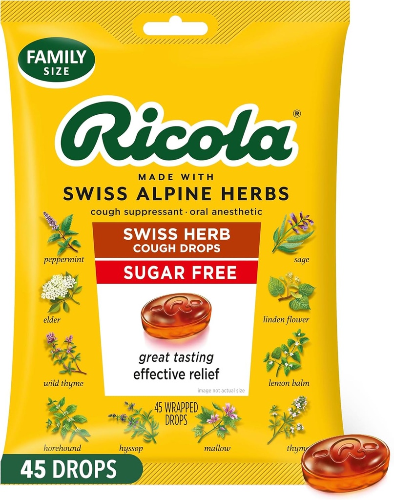 Ricola Sugar Free Swiss Herb Cough Drops, 45 Count, Cough Suppressant & Throat Relieving Drops with Naturally Sourced Menthol, Pleasing Taste for Coughs & Throat Irritation Symptom Relief