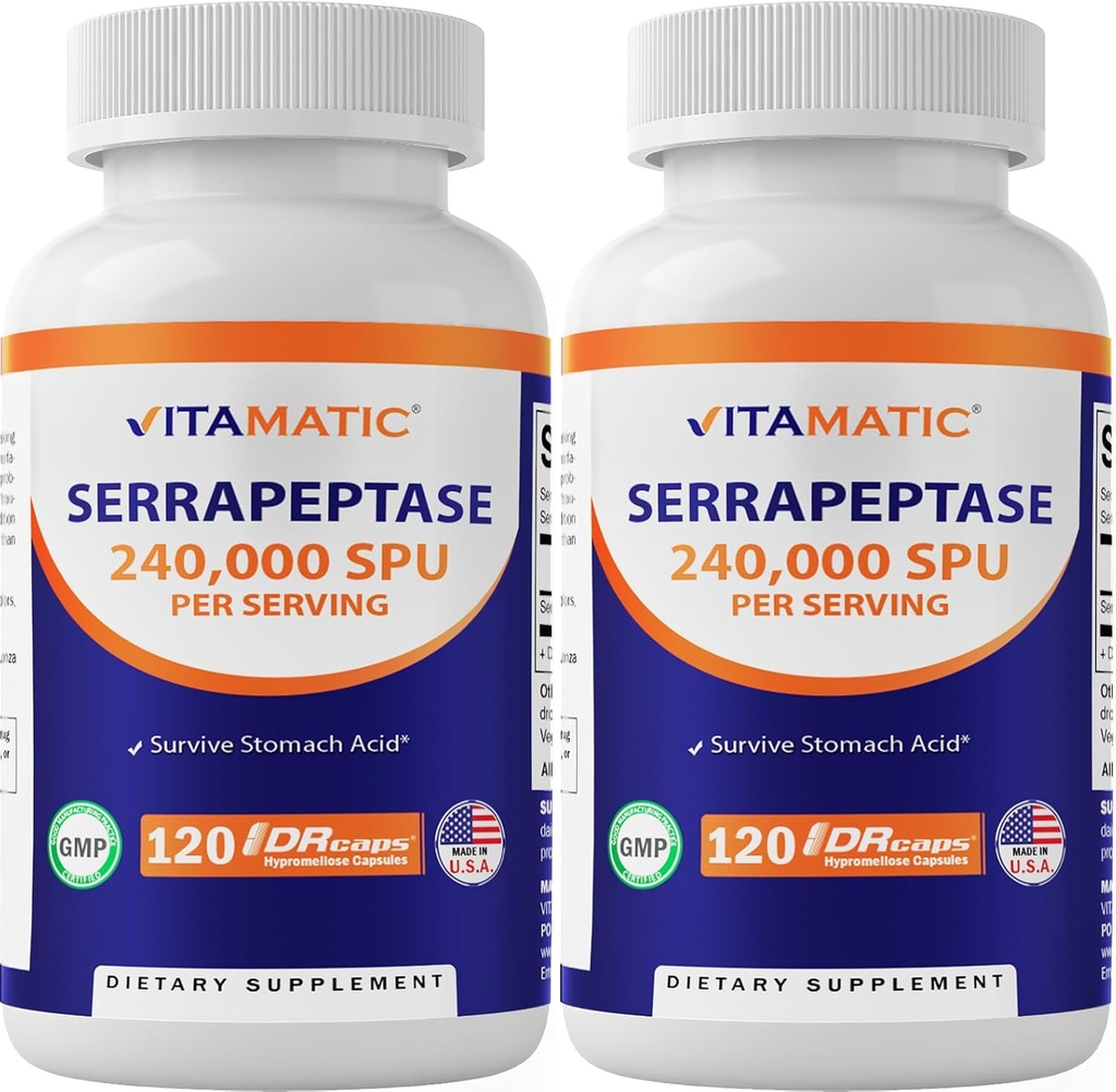 Vitamatic Serrapeptase 240.000 SPU Services, 120 Καθυστερημένες Εκλυμένες Κάψουλες - Enteric Coated - Μη ΓΤΟ- Κατασκευασμένες στις ΗΠΑ (120 Count (Pack of 2))