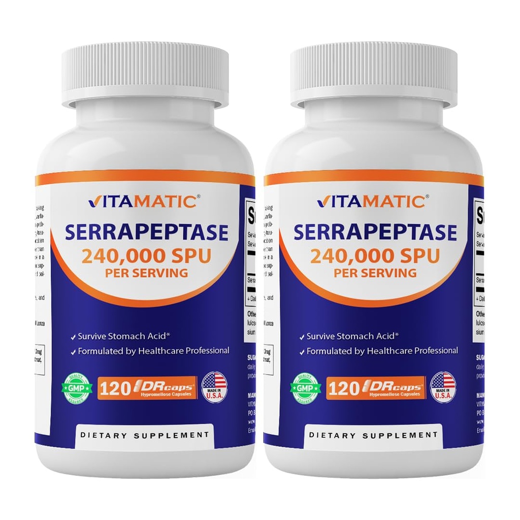 Vitamatic Serrapeptase 240.000 SPU Services, 120 Καθυστερημένες Εκλυμένες Κάψουλες - Enteric Coated - Μη ΓΤΟ- Κατασκευασμένες στις ΗΠΑ (120 Count (Pack of 2))