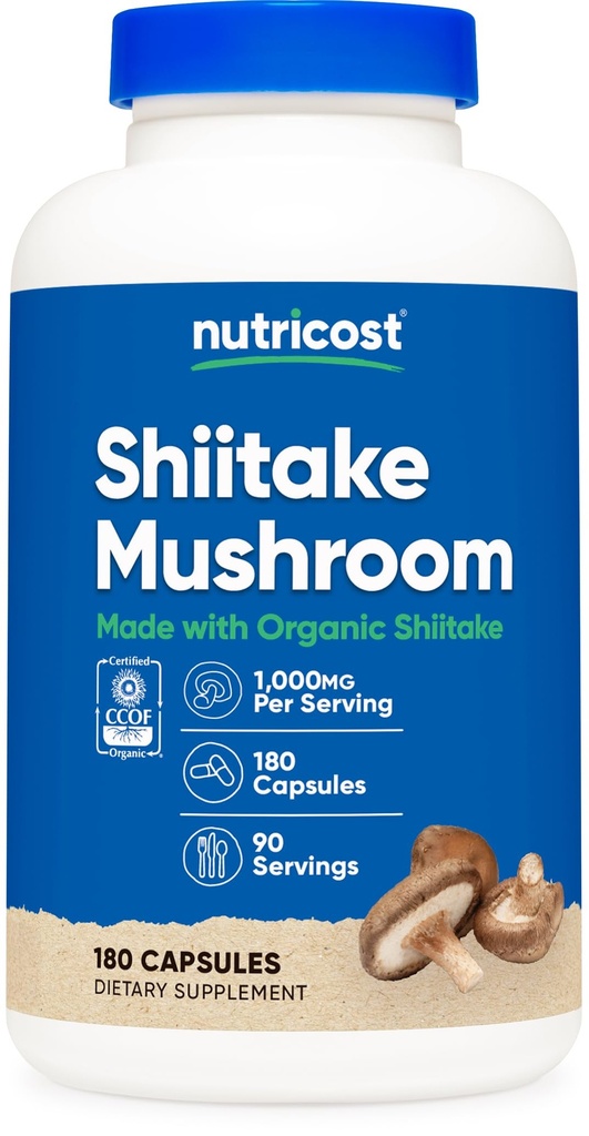 Nutricost Organic Shiitake Mushroom Caps 1000mg, 90 Servings - CCOF Certified Made with Organic, Vegetarian, Gluten Free, 500mg ανά κάψουλα, 180 κάψουλες