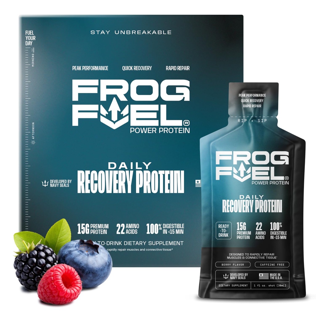 Frog Fuel Power Regular Complete Liquid Protein Shot, 15g, Nano Hydrolyzed & Grass Fed Collagen, Post Workout, Gluten Free, Fat & Sugar Free, 22 Amino Acids, 0 Carbs, Berry, 24 Pack