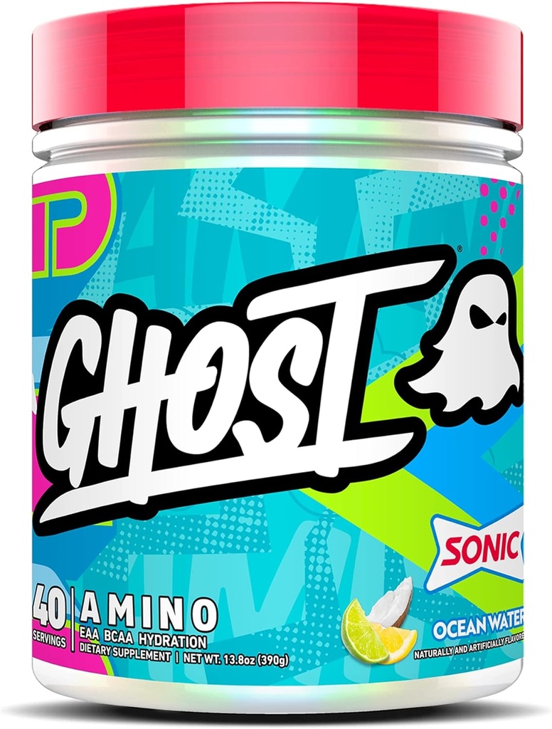 GHOST Amino: Essential Amino Acid Supplement, Sonic Ocean Water - 40 Σερβιέτες - Ενδο-εργασία σκόνη για ενυδάτωση και ανάκτηση 4.5g BCAA & 5.5g EAA - Σόγια & Χωρίς γλουτένη, Vegan
