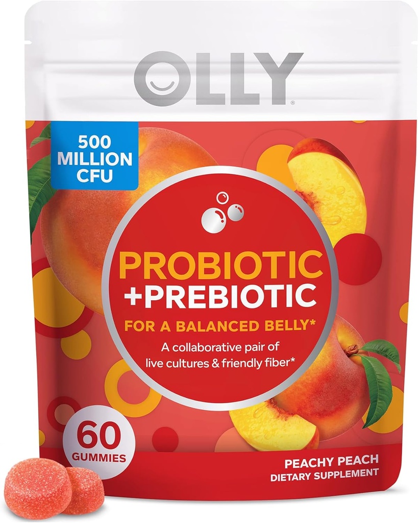 OLLY Probiotic + Prebiotic Gummy, Digestive Support and Gut Health, 500 Million CFUs, Fiber, Adult Chewable Supplement, Peach, Case Pack
