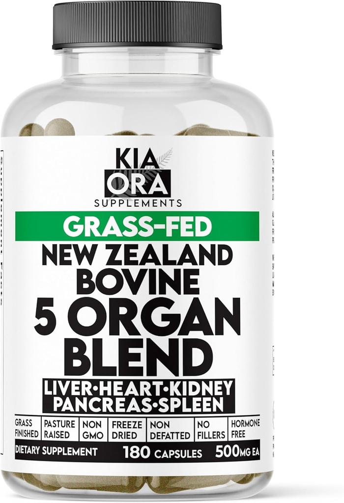 Grass Fed Bovine 5 Organ Complex – Liver, Heart, Kidney, Spleen & Pancreas – Freeze-Dried Glandular Supplement for Energy, Detox & Immune Support – 180 Capsules
