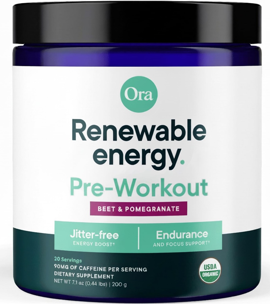Ora Organic Pre Workout Powder for Men and Women Berry Beet Flavor- Vegan Certified Organic, Soy-Free, Dairy-Free, Gluten-Free- Provides Jitter-Free Energy Boost for Women & Men, 20 Servings