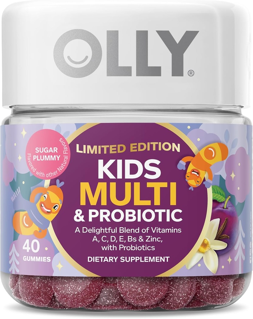 OLLY παιδιά Multivitamin & Probiotic, Limited Edition, Digestive Support, Βιταμίνες A, D, C, E, B, ψευδάργυρος, Chewable συμπλήρωμα, ζάχαρη Plummy - 40ct