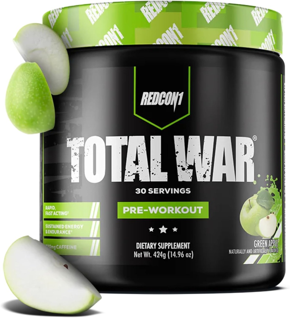 REDCON1 Total War Pre Workout, Green Apple - Fast Acting Caffeinated Preworkout for Men + Women with Beta Alanine - Contains Citrulline Malate for Increased Pump, Blood Flow (30 Servings)