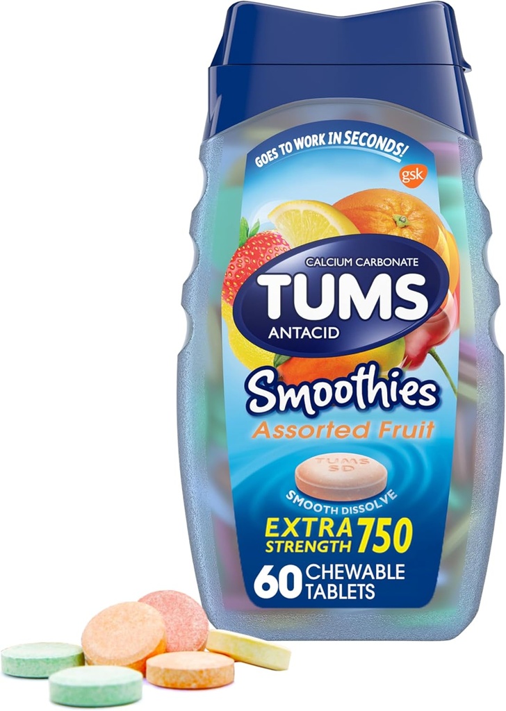 TUMS Smoothies Επιπλέον δύναμη αντιόξινα μασώμενα δισκία για ανακούφιση από εγκαύματα, διάφορα φρούτα - 60 μέτρα (πακέτο του 1)