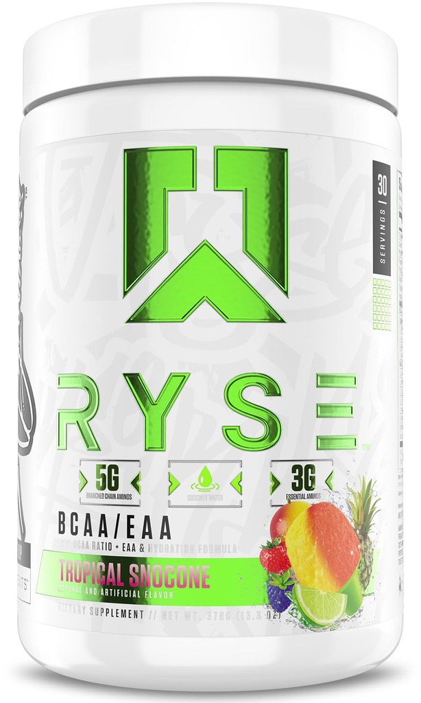 RYSE BCAA EAA Powder - Tropical Snocone - 5g διακλαδισμένης αλυσίδας Αμινοξέα, 3g Essential Aminos, Sugar-free ηλεκτρολύτες για την προ & μετά προπόνηση αποκατάσταση μυών, ενυδάτωση και δύναμη - 30 εξυπηρετήσεις