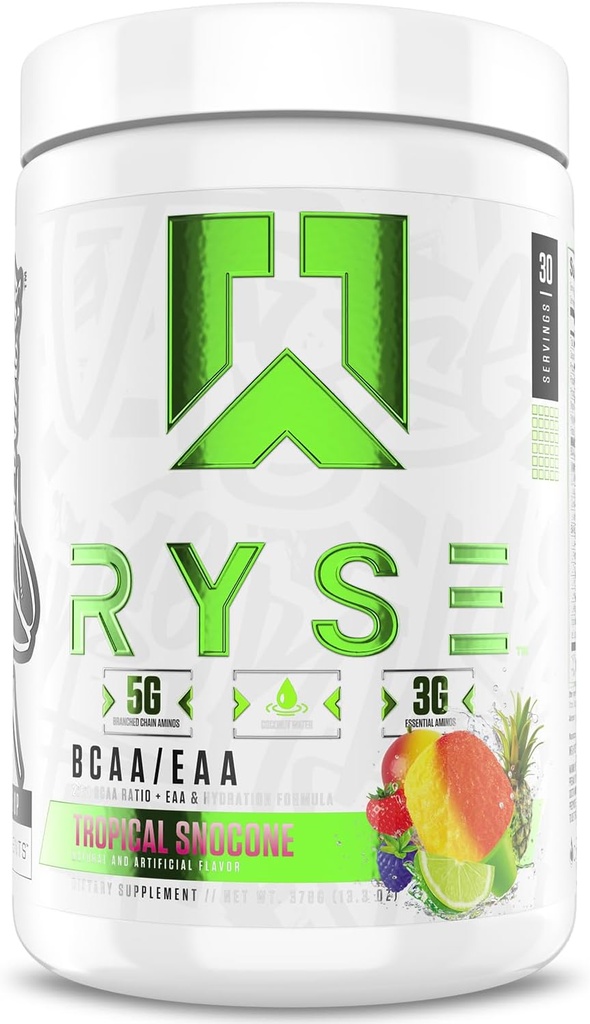 RYSE BCAA EAA Powder - Tropical Snocone - 5g διακλαδισμένης αλυσίδας Αμινοξέα, 3g Essential Aminos, Sugar-free ηλεκτρολύτες για την προ & μετά την προπόνηση αποκατάσταση μυών, ενυδάτωση και δύναμη - 30 εξυπηρετήσεις