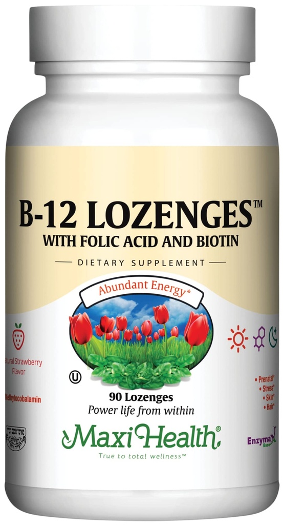 Βιταμίνη B12 Lozenges με Φολικό οξύ και βιοτίνη - Υπογλώσσια Β 12 Βιταμίνες Φράουλα Γεύση - Χορτοφαγική Kosher B 12 Βιταμίνη - VIT B12 συμπλήρωμα για την παραγωγή και την ενέργεια ερυθρών αιμοσφαιρίων (90 κόμης)
