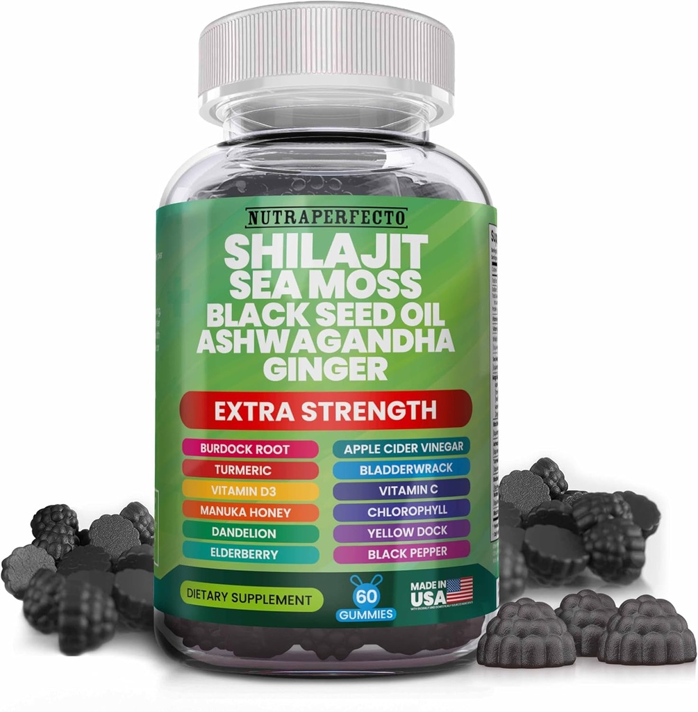 Shilajit Gummies με Ιρλανδική Θάλασσα Moss Μαύρο Έλαιο Σπέρματος Ashwagandha Ginger Elderberry Βιταμίνη D3 Chlorophyl Turmeric Bladderwrack Σύνθετη Formula δύναμη Resin Shilajit για άνδρες και γυναίκες