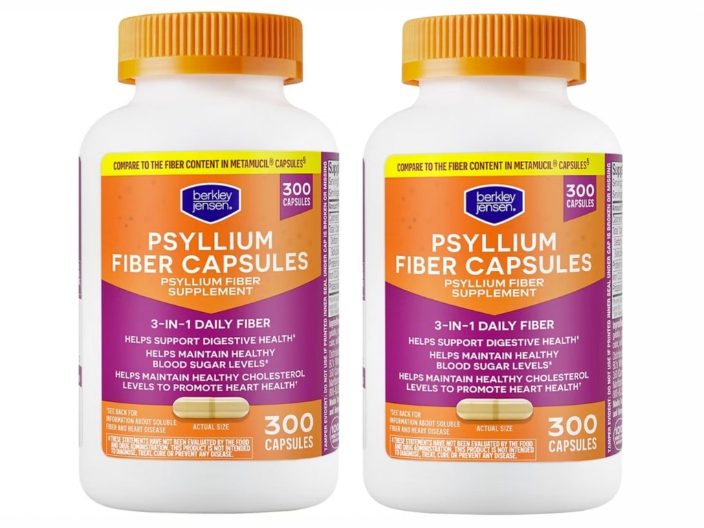 berkley jensen Daily Psyllium Husk Supplement, Natural Fiber for Men & Women - Fiber Capsules for Overall Digestive Health, Easing Constipation, Made in USA - 300 Count (Pack of 2)