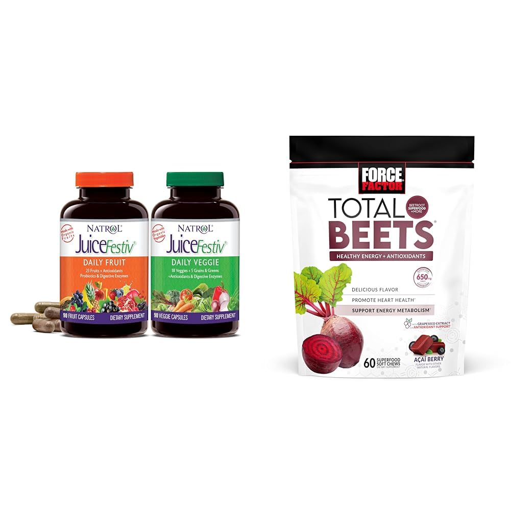 Natrol JuiceFestiv Καθημερινή Φρούτα & Veggie με SelenoExcell και Whole-Food [Phyto] Nutrients & Force Factor Total Beets Soft Chews with Beetroot, Nitrates, L-Citrulline, Grapeseed Extract