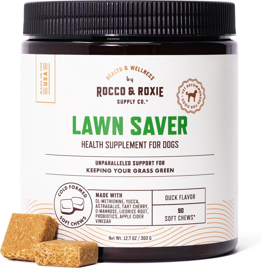 Rocco & Roxie Σκύλος Ούρων Ουδέτερο για Lawn, Green Grass Αποταμιευτές για Σκύλος Pee Spots, UTI Υγεία & Bladder Συμπλήρωμα Ελέγχου με D-Mannose, Μηλίτη Ξίδι & DL-Μεθειονίνη, 90ct Μαλακές Μασούσες