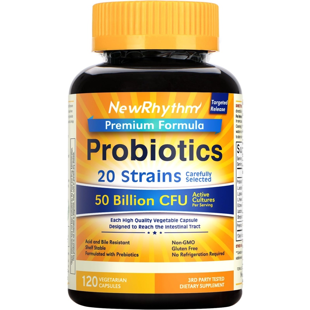 NewRhythm Probiotics 50 Δισεκατομμύρια CFU 20 Strains, 120 κάψουλες Veggie, Στοχευμένη Τεχνολογία Απελευθέρωσης, Στομαχικό Οξύ Ανθεκτικό, Καμία ανάγκη για Ψύξη, Συσκευασία του 1, Μη ΓΤΟ, Χωρίς Γλουτένη