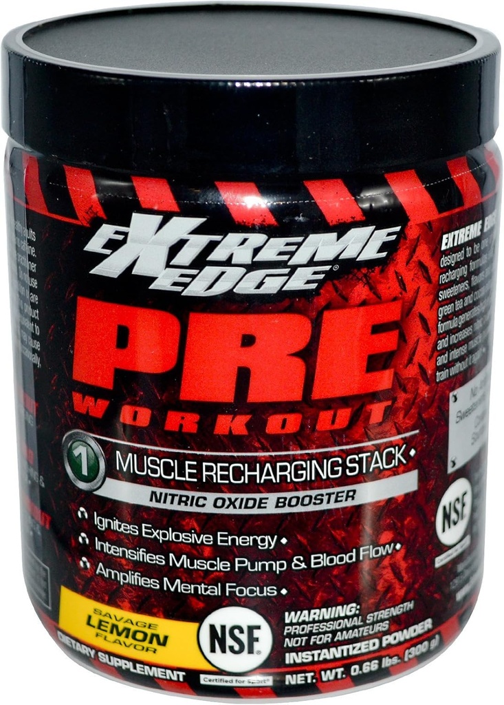 Bluebonnet Nutrition Extreme Edge Pre workout, Muscle Recharging Formula*, Increases Nitric Oxide (NO) levels*, Soy-Free, Dairy-Free, Lemon, 0.66 LB, 30 Servings